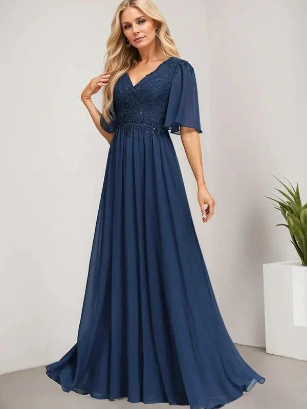 A-line V-Neck Floor-Length Lace Chiffon Mother of the Bride Dress With Sequins - Image 2