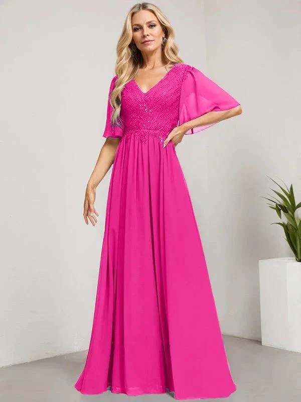 A-line V-Neck Floor-Length Lace Chiffon Mother of the Bride Dress With Sequins - Image 20