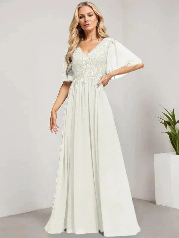 A-line V-Neck Floor-Length Lace Chiffon Mother of the Bride Dress With Sequins - Image 21