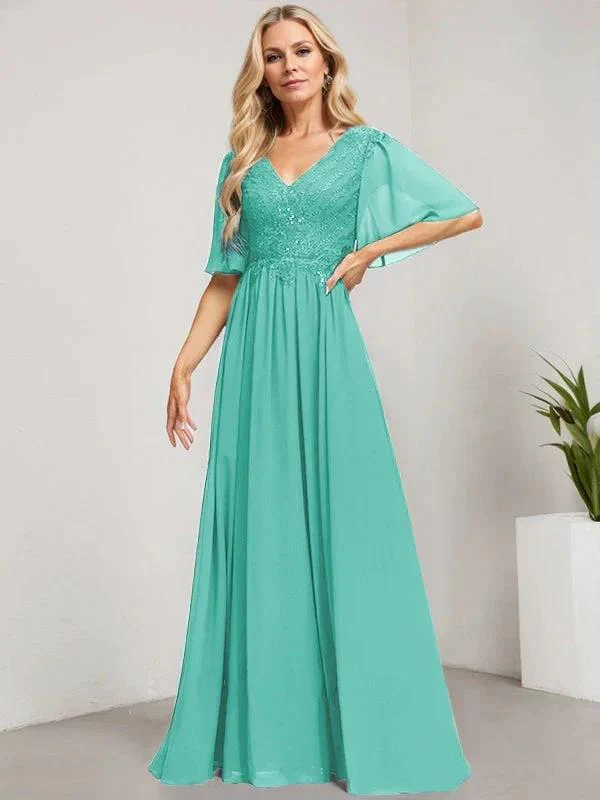 A-line V-Neck Floor-Length Lace Chiffon Mother of the Bride Dress With Sequins - Image 22