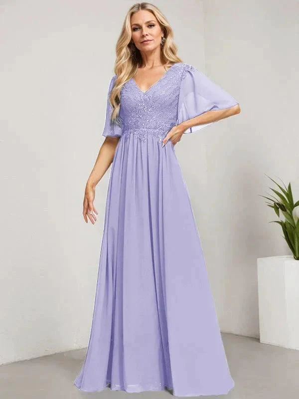 A-line V-Neck Floor-Length Lace Chiffon Mother of the Bride Dress With Sequins - Image 23