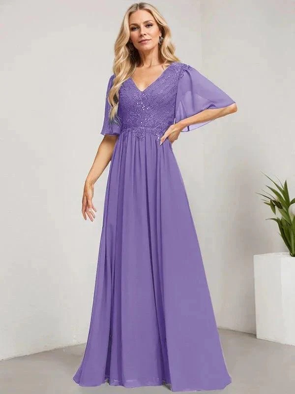 A-line V-Neck Floor-Length Lace Chiffon Mother of the Bride Dress With Sequins - Image 24