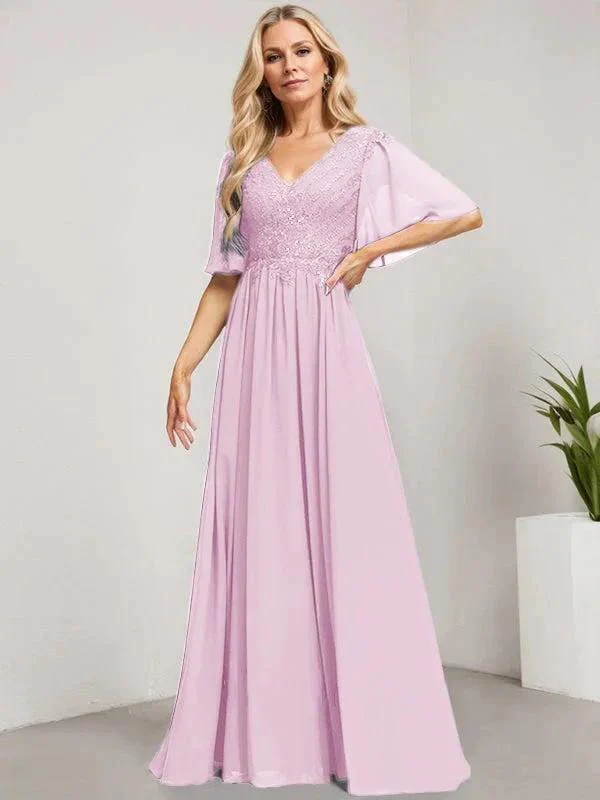 A-line V-Neck Floor-Length Lace Chiffon Mother of the Bride Dress With Sequins - Image 25