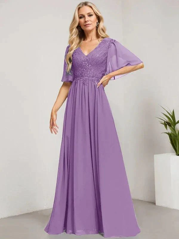 A-line V-Neck Floor-Length Lace Chiffon Mother of the Bride Dress With Sequins - Image 26