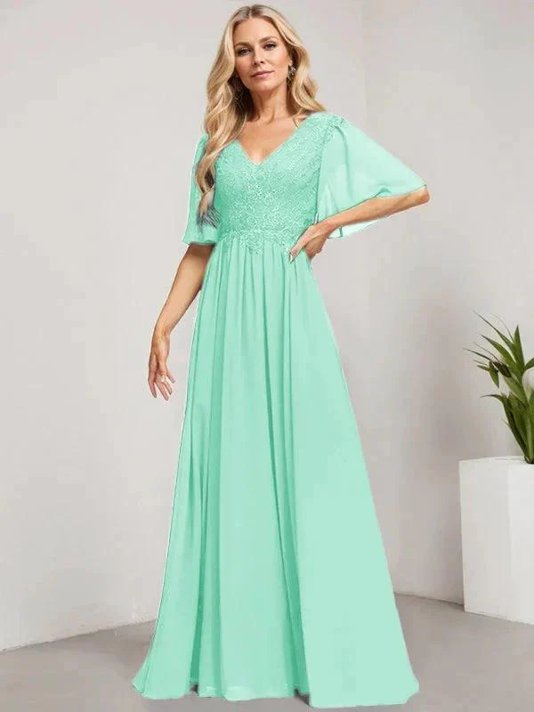 A-line V-Neck Floor-Length Lace Chiffon Mother of the Bride Dress With Sequins - Image 27
