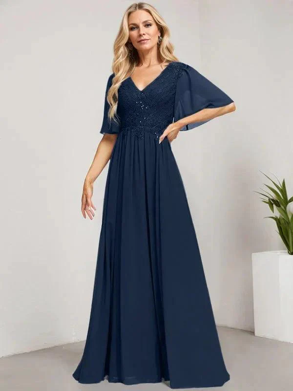 A-line V-Neck Floor-Length Lace Chiffon Mother of the Bride Dress With Sequins - Image 28