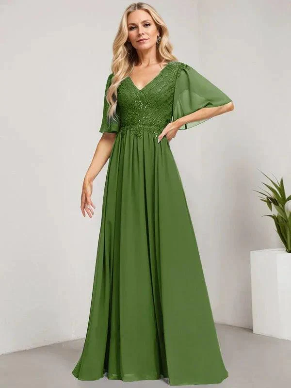 A-line V-Neck Floor-Length Lace Chiffon Mother of the Bride Dress With Sequins - Image 29