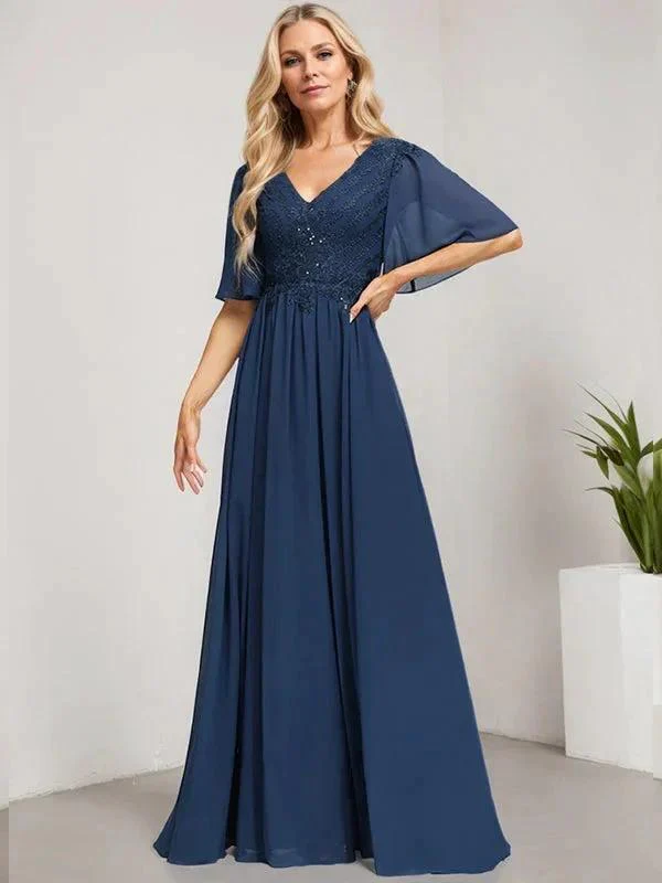 A-line V-Neck Floor-Length Lace Chiffon Mother of the Bride Dress With Sequins - Image 3
