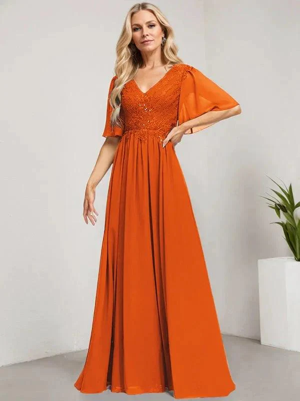 A-line V-Neck Floor-Length Lace Chiffon Mother of the Bride Dress With Sequins - Image 30