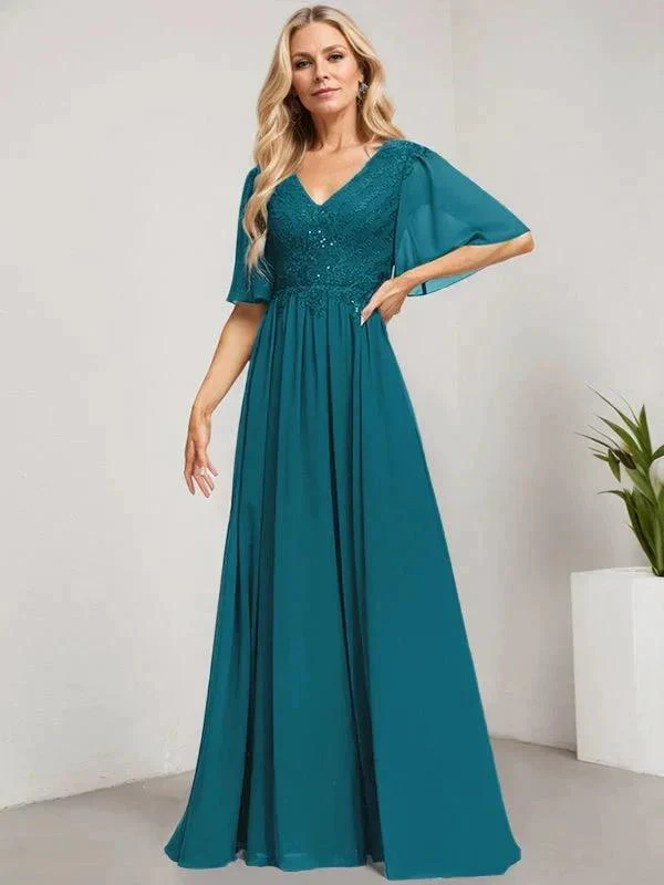 A-line V-Neck Floor-Length Lace Chiffon Mother of the Bride Dress With Sequins - Image 31