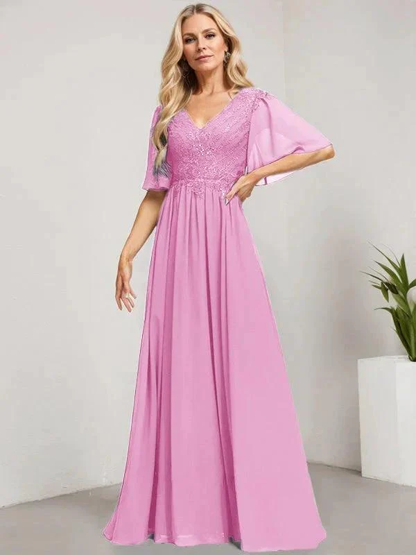 A-line V-Neck Floor-Length Lace Chiffon Mother of the Bride Dress With Sequins - Image 32