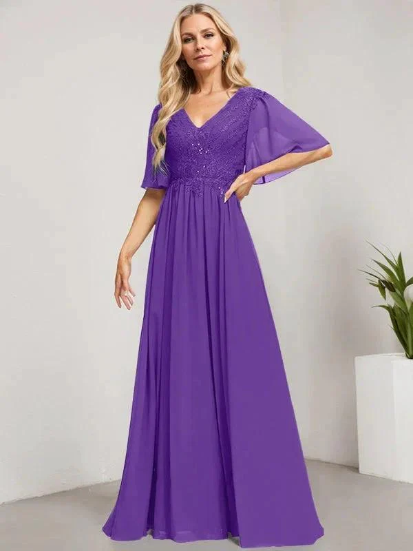 A-line V-Neck Floor-Length Lace Chiffon Mother of the Bride Dress With Sequins - Image 33