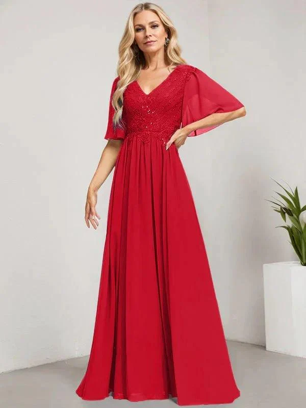 A-line V-Neck Floor-Length Lace Chiffon Mother of the Bride Dress With Sequins - Image 34
