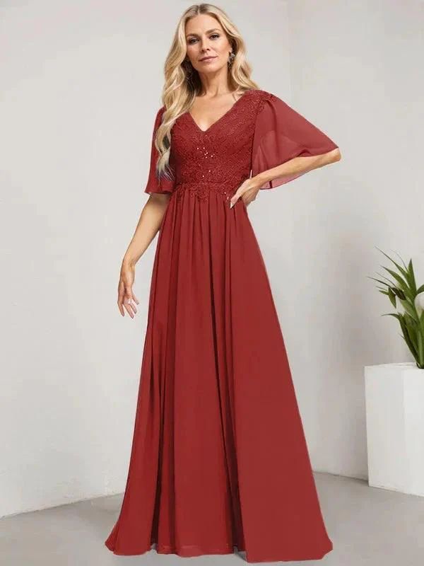 A-line V-Neck Floor-Length Lace Chiffon Mother of the Bride Dress With Sequins - Image 36