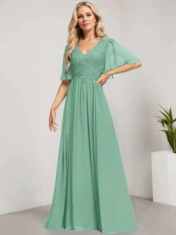A-line V-Neck Floor-Length Lace Chiffon Mother of the Bride Dress With Sequins - Image 37