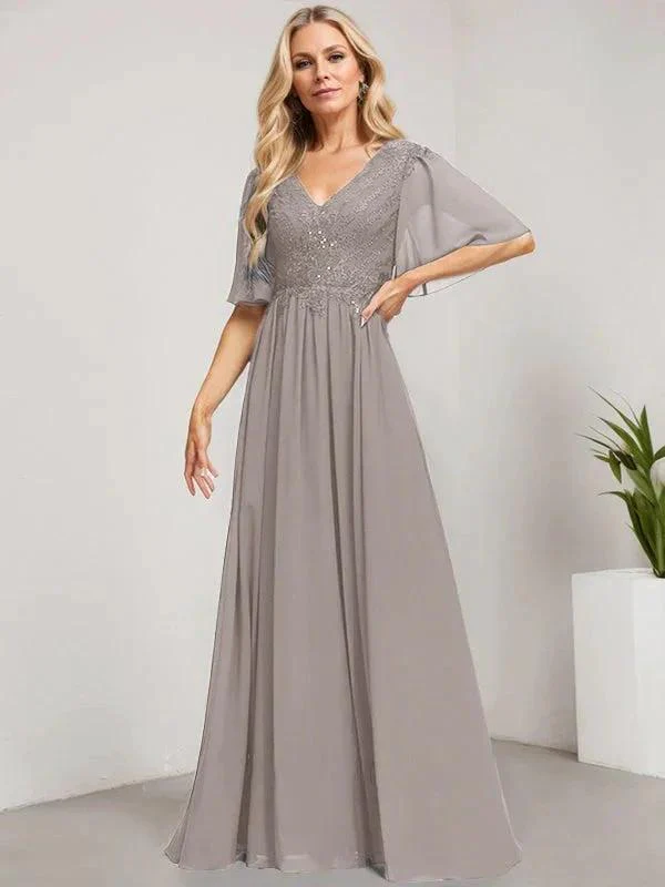 A-line V-Neck Floor-Length Lace Chiffon Mother of the Bride Dress With Sequins - Image 38