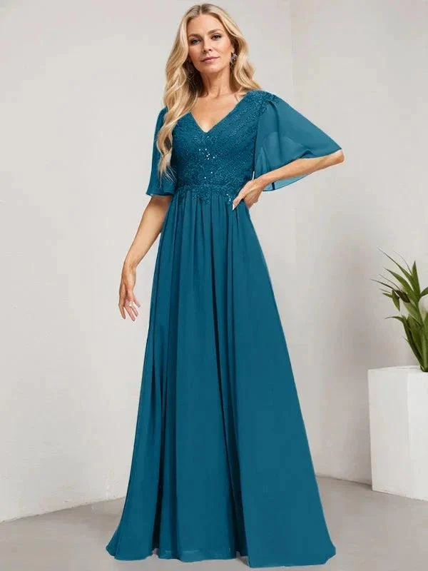 A-line V-Neck Floor-Length Lace Chiffon Mother of the Bride Dress With Sequins - Image 39