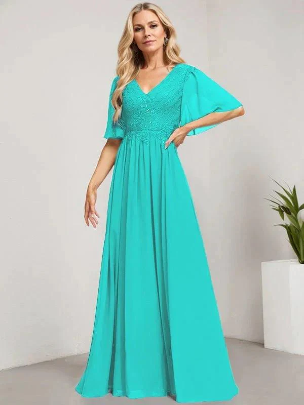 A-line V-Neck Floor-Length Lace Chiffon Mother of the Bride Dress With Sequins - Image 40