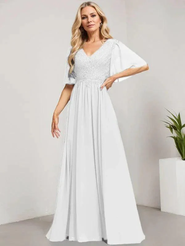 A-line V-Neck Floor-Length Lace Chiffon Mother of the Bride Dress With Sequins - Image 41