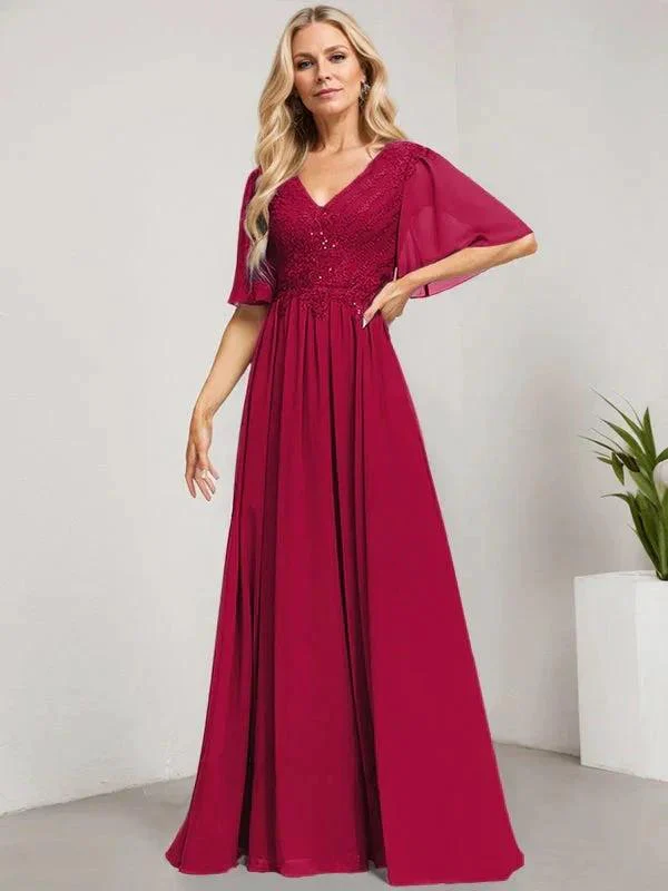 A-line V-Neck Floor-Length Lace Chiffon Mother of the Bride Dress With Sequins - Image 42