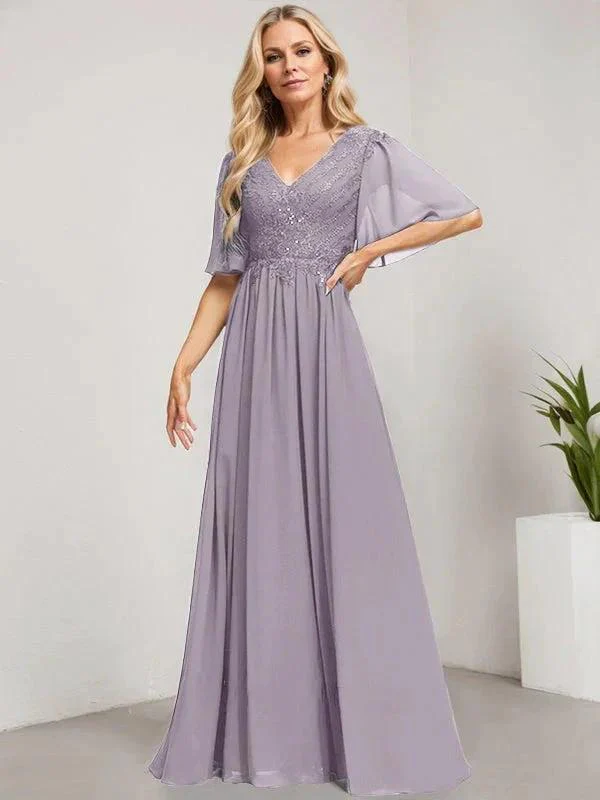 A-line V-Neck Floor-Length Lace Chiffon Mother of the Bride Dress With Sequins - Image 43
