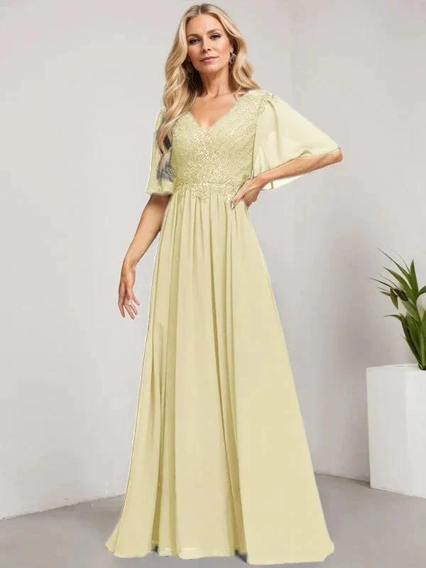 A-line V-Neck Floor-Length Lace Chiffon Mother of the Bride Dress With Sequins - Image 44