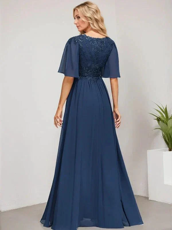 A-line V-Neck Floor-Length Lace Chiffon Mother of the Bride Dress With Sequins - Image 5