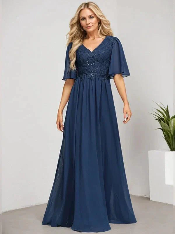 A-line V-Neck Floor-Length Lace Chiffon Mother of the Bride Dress With Sequins - Image 6