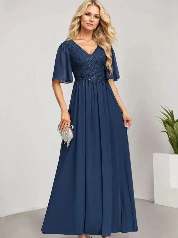 A-line V-Neck Floor-Length Lace Chiffon Mother of the Bride Dress With Sequins - Image 7