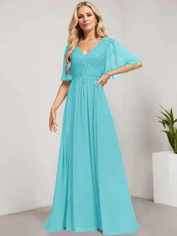 A-line V-Neck Floor-Length Lace Chiffon Mother of the Bride Dress With Sequins - Image 8