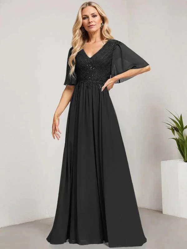 A-line V-Neck Floor-Length Lace Chiffon Mother of the Bride Dress With Sequins - Image 9
