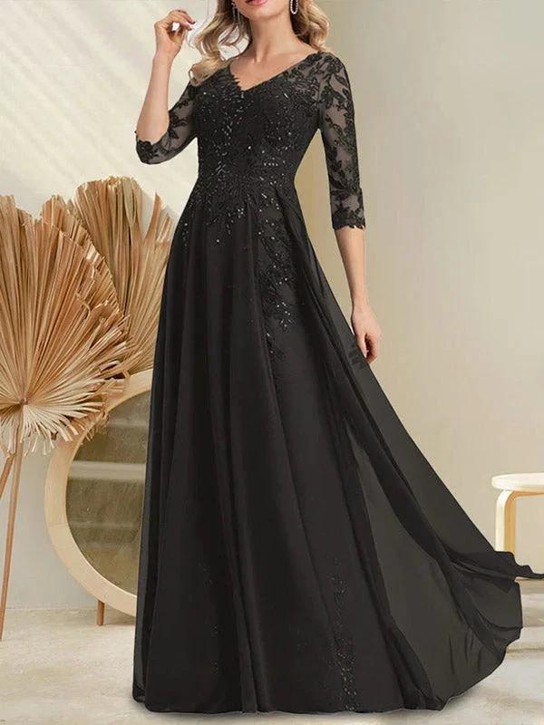 A-line V-Neck Floor-Length Lace Chiffon Mother of the Bride Dress With Sequins - Image 10