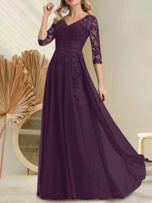 A-line V-Neck Floor-Length Lace Chiffon Mother of the Bride Dress With Sequins - Image 11
