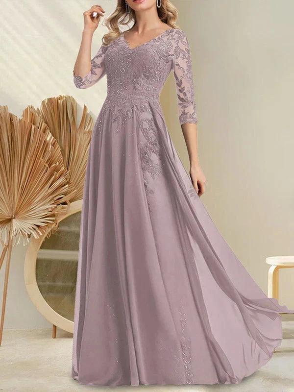 A-line V-Neck Floor-Length Lace Chiffon Mother of the Bride Dress With Sequins - Image 12