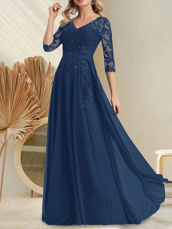A-line V-Neck Floor-Length Lace Chiffon Mother of the Bride Dress With Sequins - Image 14