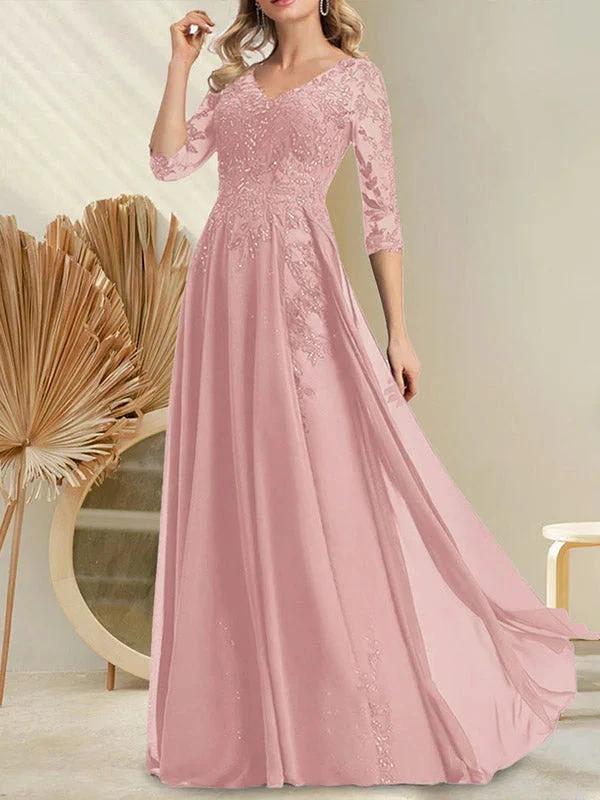 A-line V-Neck Floor-Length Lace Chiffon Mother of the Bride Dress With Sequins - Image 15