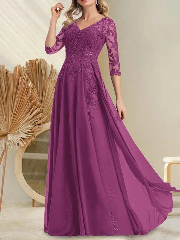 A-line V-Neck Floor-Length Lace Chiffon Mother of the Bride Dress With Sequins - Image 16