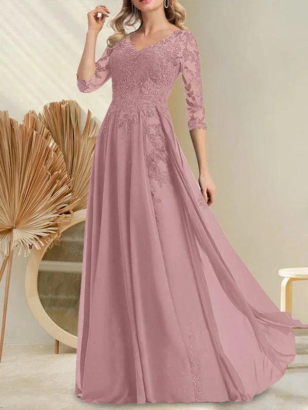 A-line V-Neck Floor-Length Lace Chiffon Mother of the Bride Dress With Sequins - Image 17