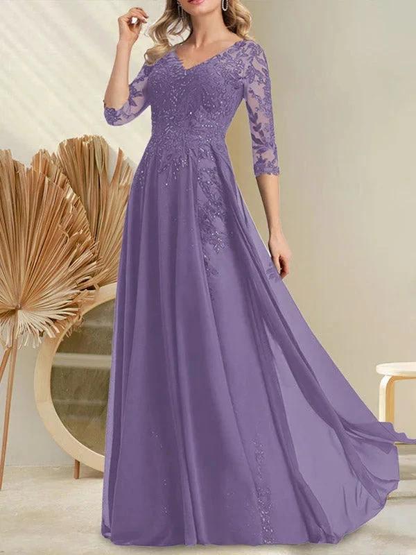 A-line V-Neck Floor-Length Lace Chiffon Mother of the Bride Dress With Sequins - Image 19