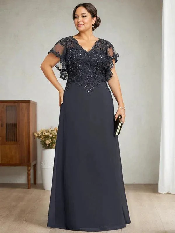 A-line V-Neck Floor-Length Lace Chiffon Mother of the Bride Dress With Sequins - Image 10