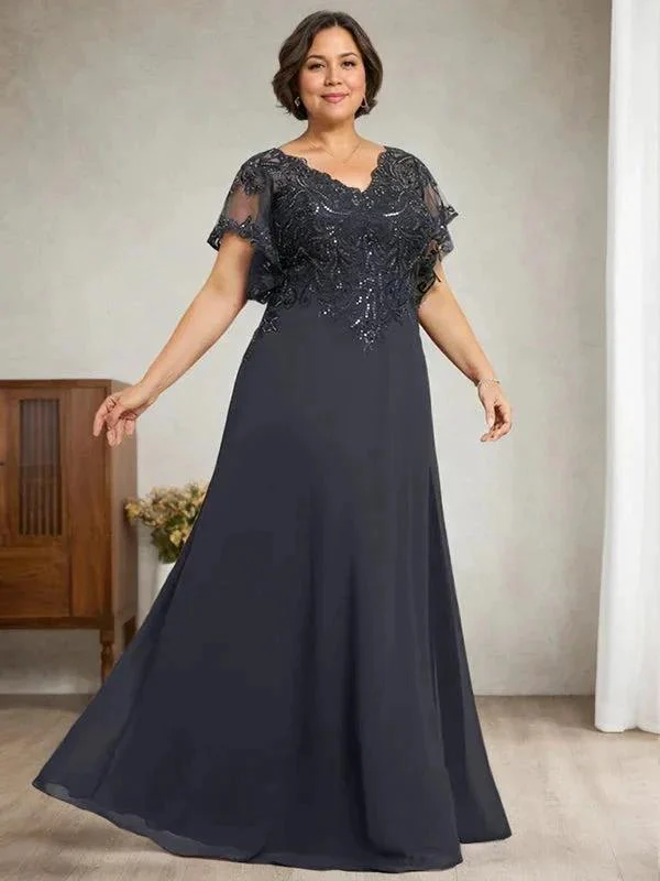 A-line V-Neck Floor-Length Lace Chiffon Mother of the Bride Dress With Sequins - Image 11