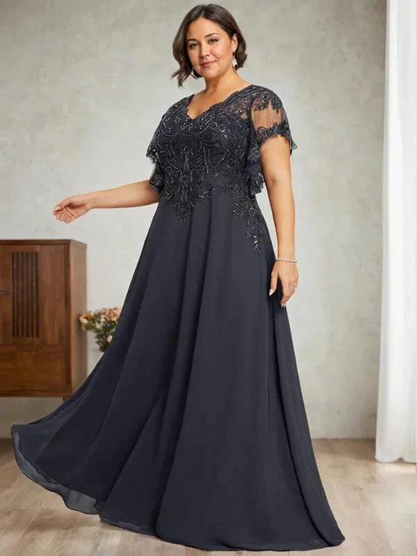 A-line V-Neck Floor-Length Lace Chiffon Mother of the Bride Dress With Sequins - Image 12