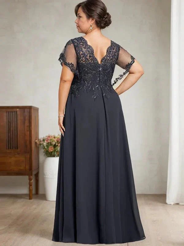 A-line V-Neck Floor-Length Lace Chiffon Mother of the Bride Dress With Sequins - Image 13