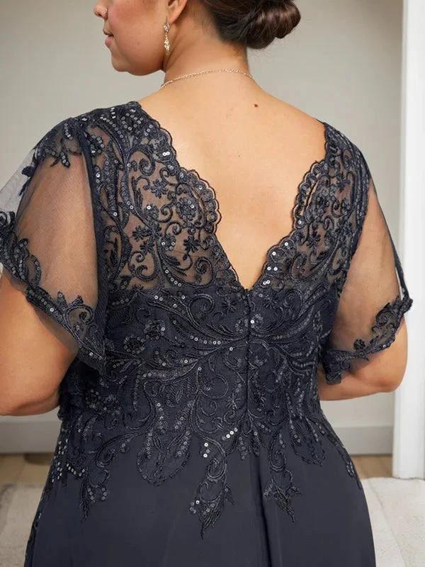 A-line V-Neck Floor-Length Lace Chiffon Mother of the Bride Dress With Sequins - Image 14