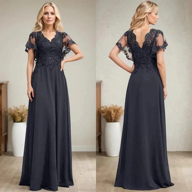 A-line V-Neck Floor-Length Lace Chiffon Mother of the Bride Dress With Sequins - Image 15