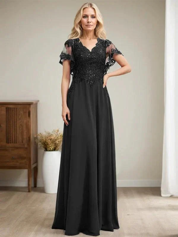 A-line V-Neck Floor-Length Lace Chiffon Mother of the Bride Dress With Sequins - Image 16