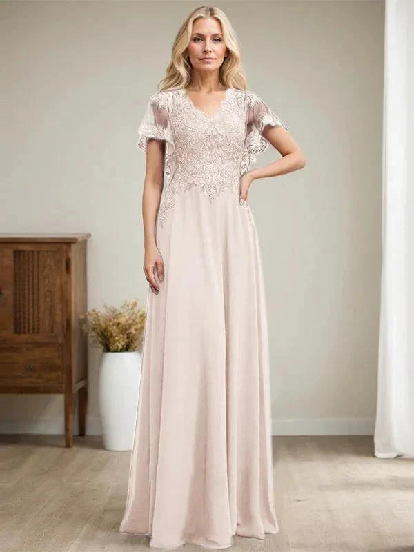 A-line V-Neck Floor-Length Lace Chiffon Mother of the Bride Dress With Sequins - Image 17