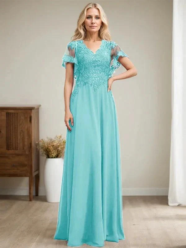 A-line V-Neck Floor-Length Lace Chiffon Mother of the Bride Dress With Sequins - Image 18