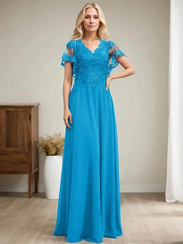 A-line V-Neck Floor-Length Lace Chiffon Mother of the Bride Dress With Sequins - Image 19