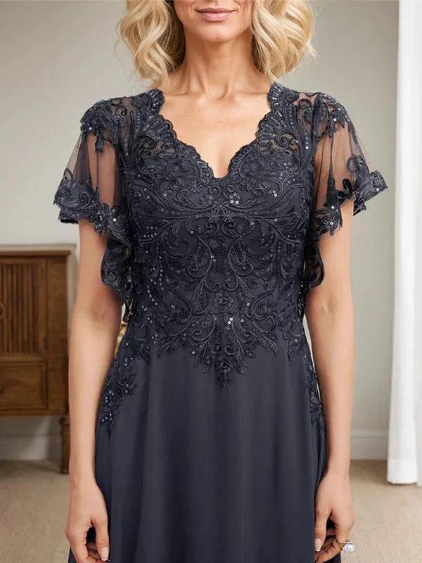 A-line V-Neck Floor-Length Lace Chiffon Mother of the Bride Dress With Sequins - Image 2